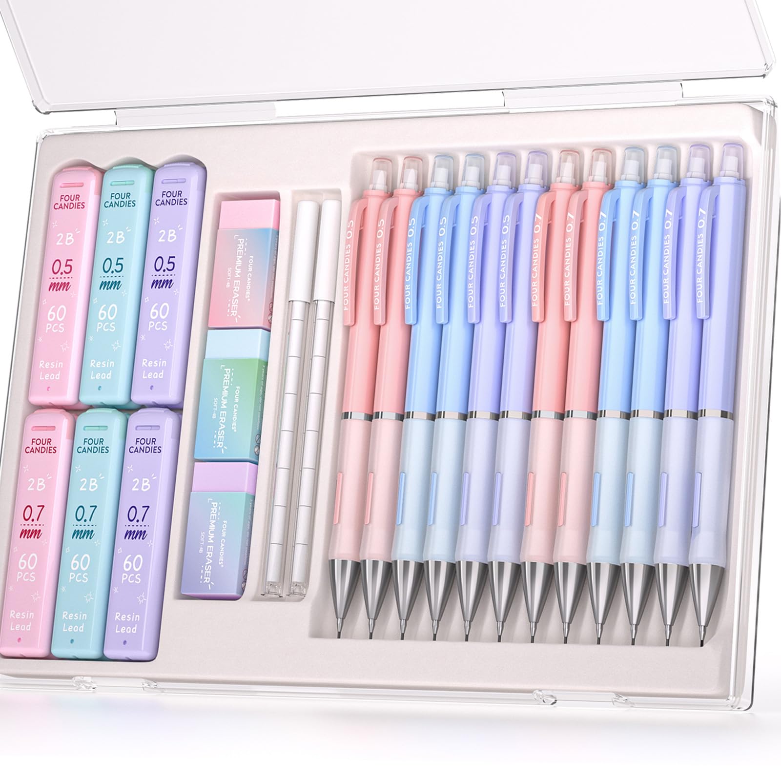 Four Candies Pastel Mechanical Pencil Set, With 0.5 & 0.7Mm Lead Refills (Hb & 2B), Cute Erasers & Eraser Refills, 29-Count Pack