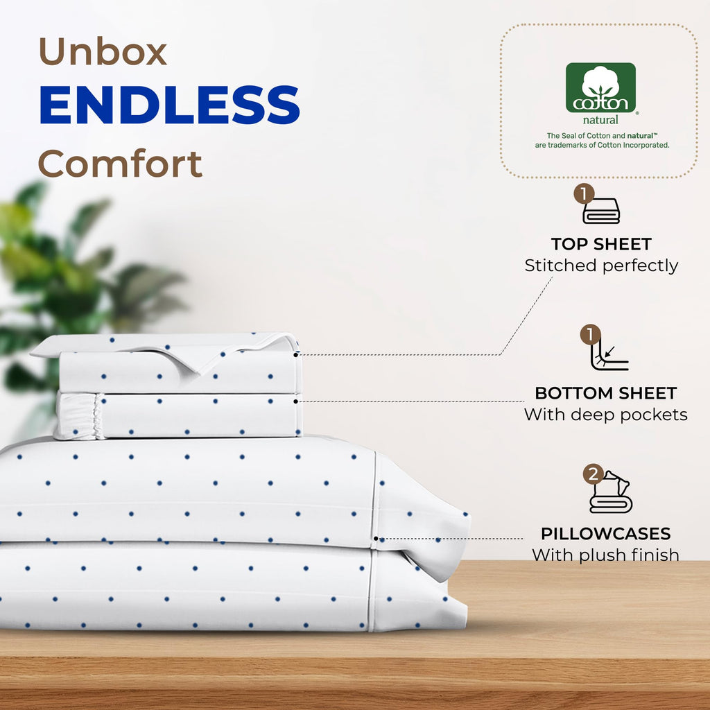 Thread Spread 100% Egyptian Cotton Printed Bed Sheets - 600 Thread Count 4 Pc King Sheet Set, Hotel Luxury Sateen Bedsheets, 16' Deep Pocket Soft Cooling Sheets For King Size Bed - Polka Dot - Navy
