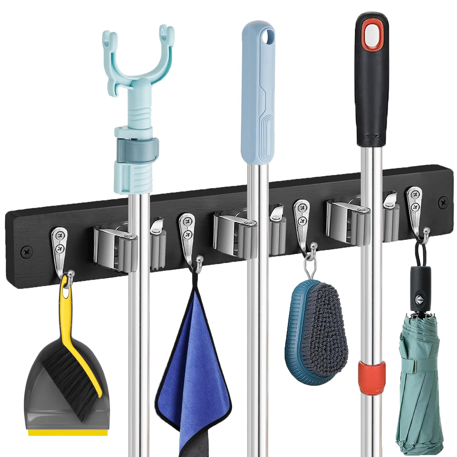 Mop and Broom Holder Wall Mount - Rustic Wood Broom Hanger Wall Mount | Laundry Room Decor - Broom Organizer Wall Mount for Farm