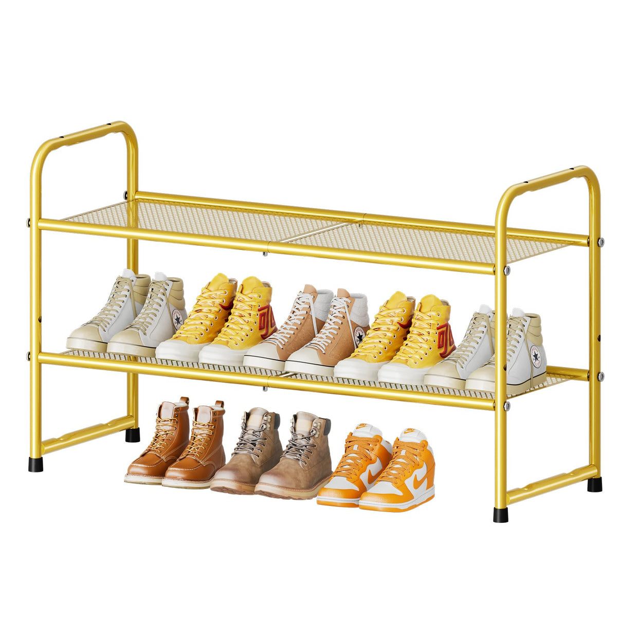 SUFAUY 2 Tier Mesh Shoes Rack for Closet, Stackable All Metal 32'' w Shoe Storage Organizer, Gold