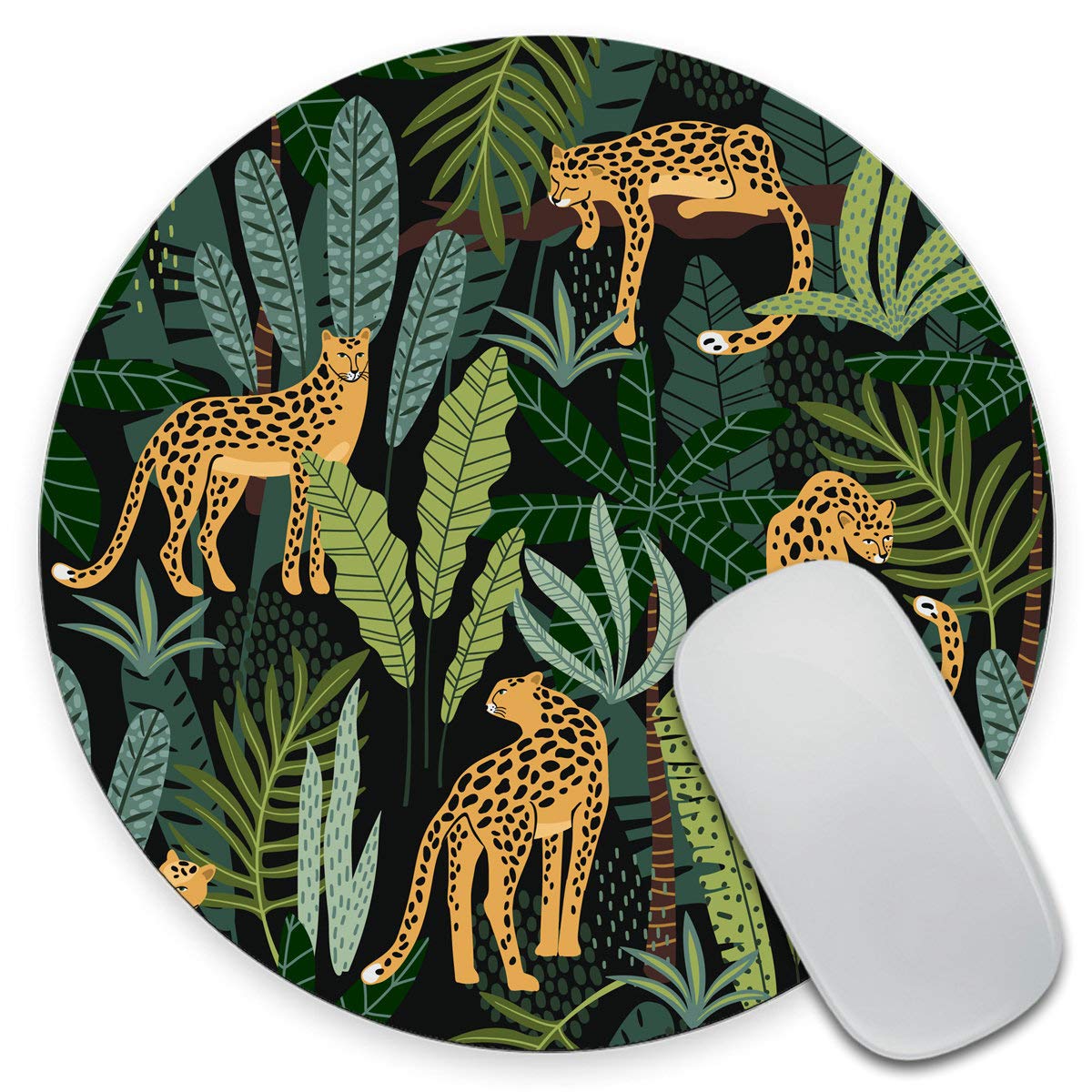 Amcove Mouse Pad Leopard Round Mousepad Plants Office Decor For Women Men Desk Accessories Leopards And Tropical Leaves Mousepad