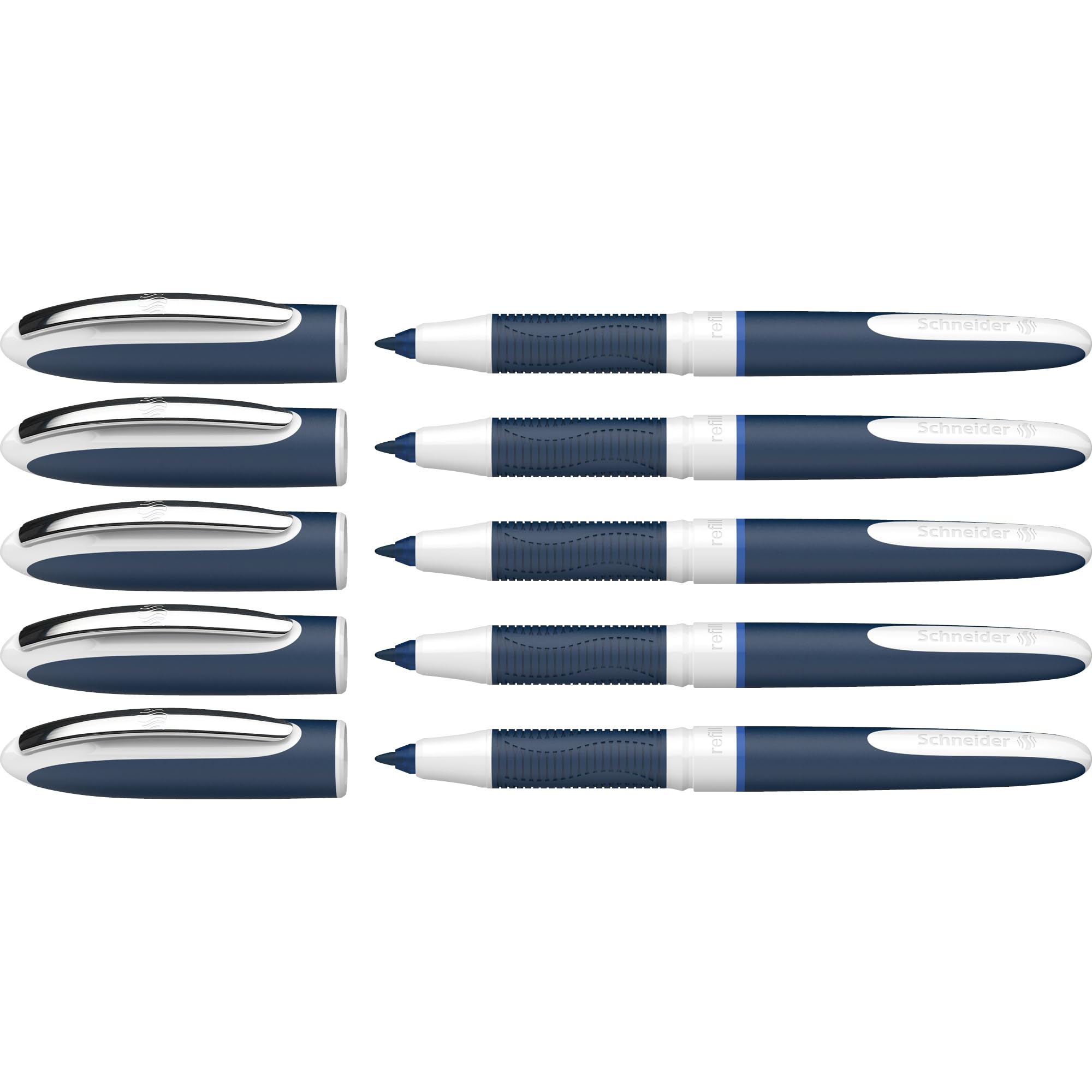Schneider One Change Rollerball Pen, Refillable, 0.6 Mm Ultra-Smooth Tip, Blue/White Barrel, Blue Ink, Box Of 5 Pens (183703)