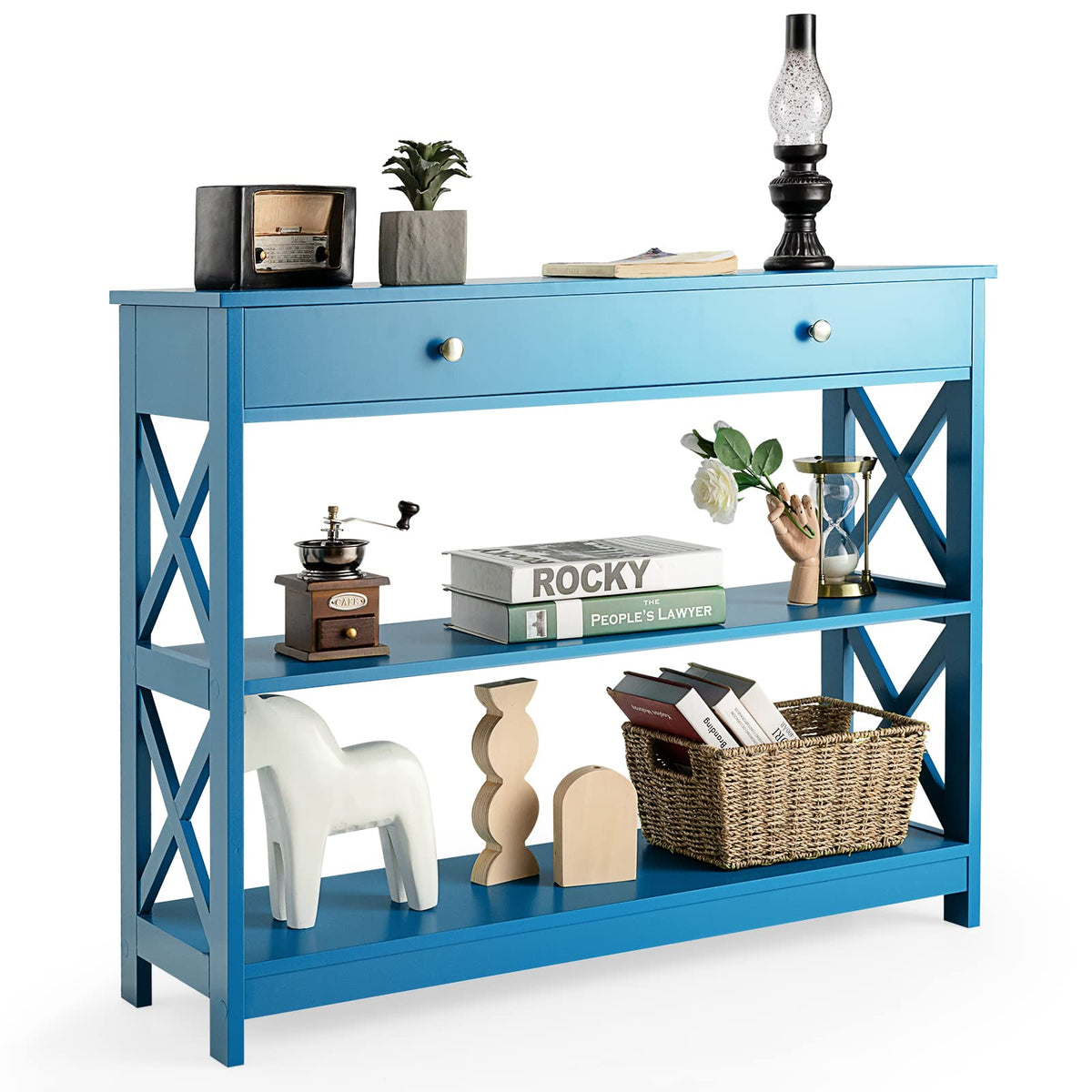 Giantex Console Table 3-Tier W/Drawer And Storage Shelves, X-Design Entryway Table For Hallway, Living Room And Bedroom Sofa Side Table (Navy)