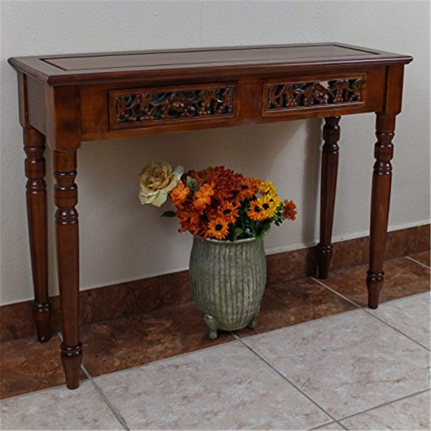 International Caravan Furniture Piece Carved Two Drawer Table