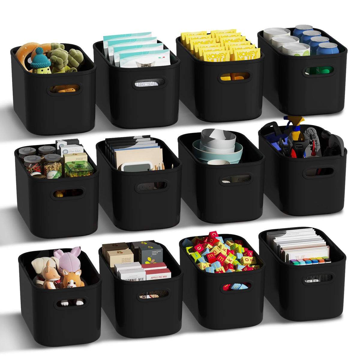 ORGIDOL 12 Pack Black Plastic Storage Bins, Storage Container for Organizing, Storage Boxes with Handle for Shelves, Cute Organi