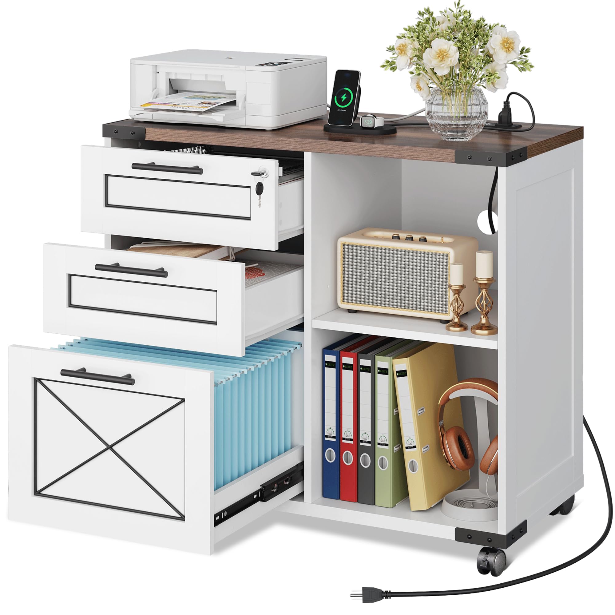 DEVAISE Wood File Cabinet with Charging Station, Mobile Lateral Filing Cabinet with Lock for Home Office, Printer Stand with Ope