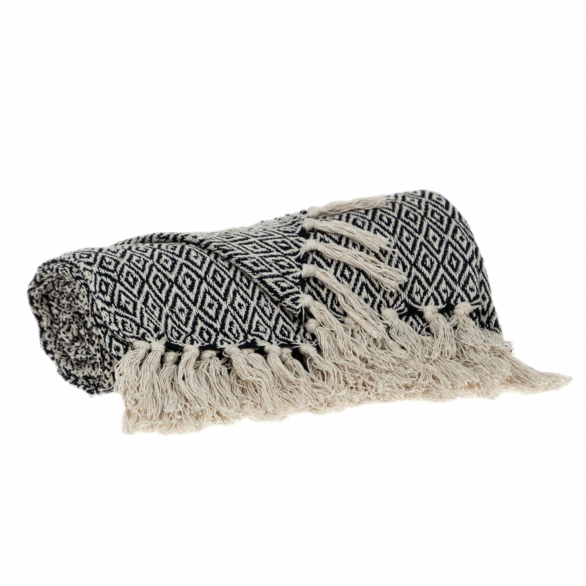 HomeRoots Cotton Boho Black and Beige Woven Diamond Pattern Throw with Tassels