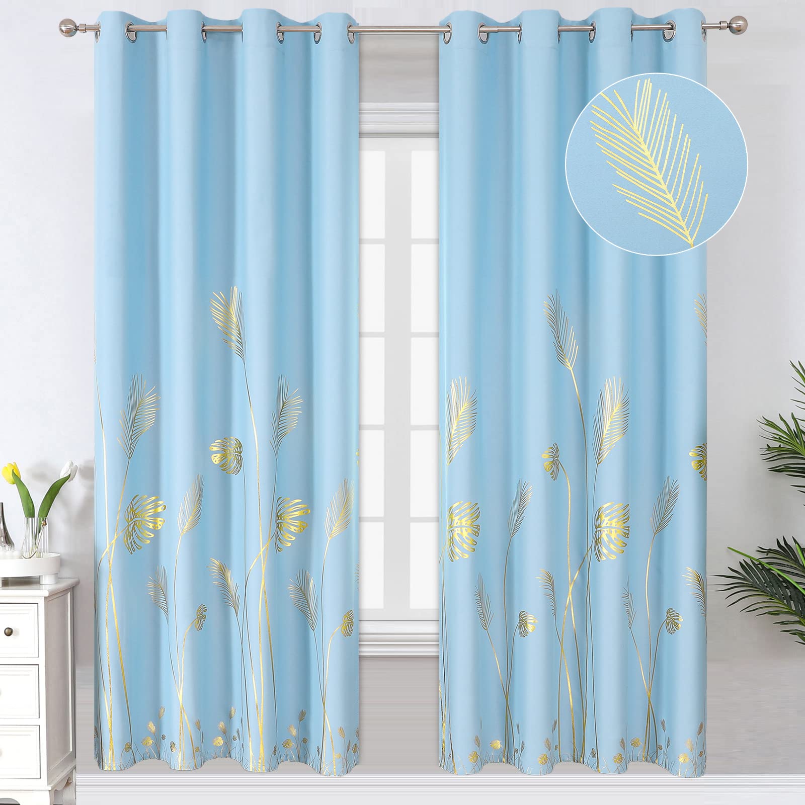 Estelar Textiler Sky Blue Blackout Curtains For Bedroom, Room Darkening Gold Palm Tree Pattern Curtains 72 Inches Long, Light Bl
