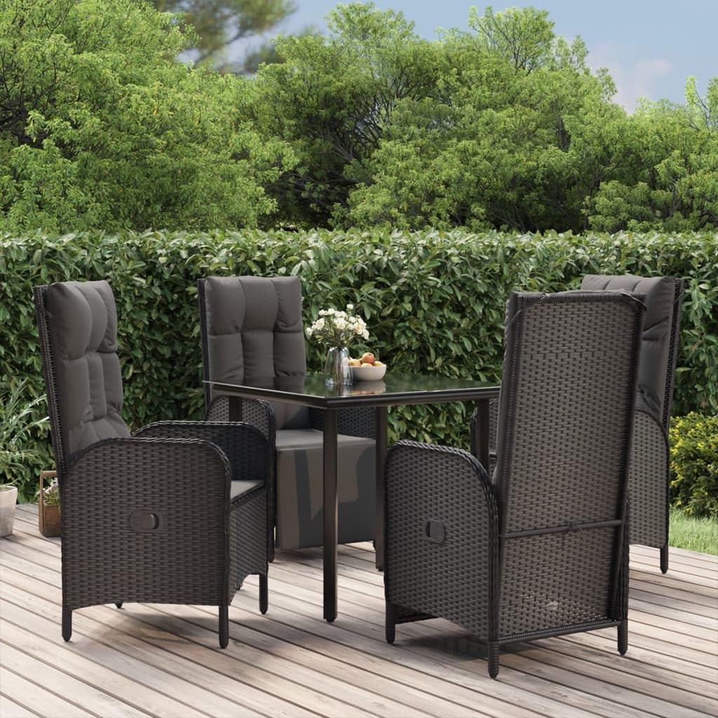 vidaXL 5-Piece Patio Dining Set - Black Poly Rattan, Weather-Resistant, Reclining Chairs, Tempered Glass Table for Outdoor/Garden