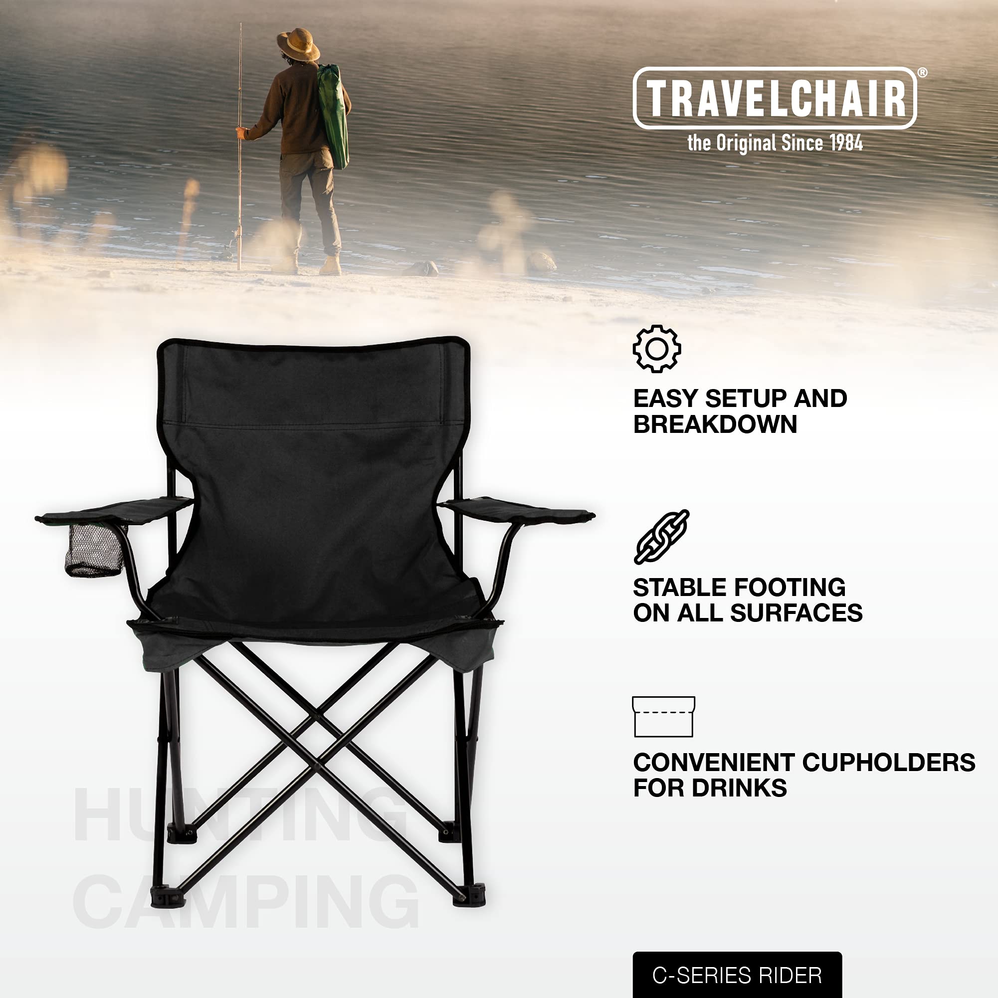 Travel Chair C-Series Rider Chair, Foldable And Portable Camping Chair, Black