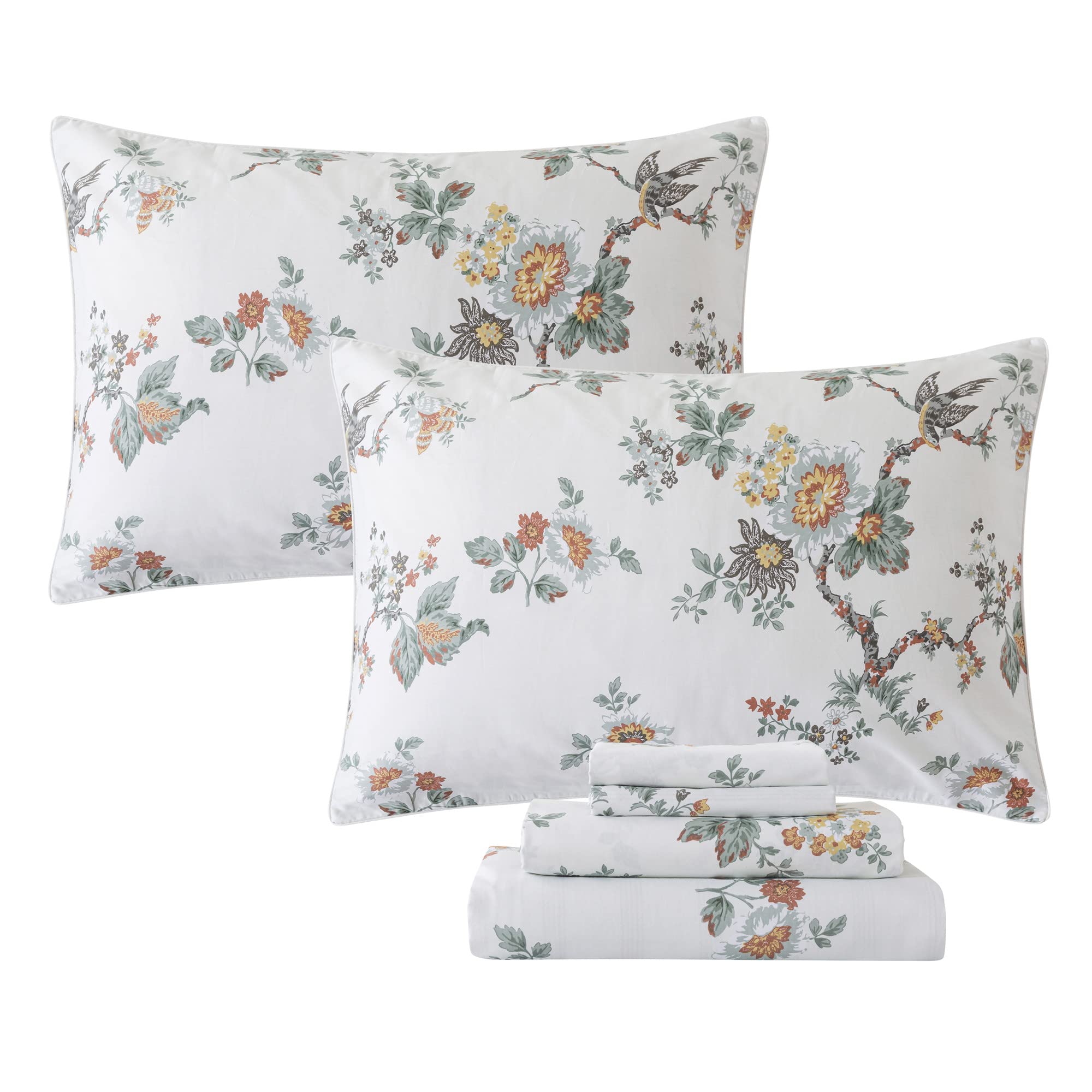 Fadfay Sheets Set Queen Elegant Floral Bedding Shabby Beige Bird Print Flower Bed Sheet Set Vintage Farmhouse Bedding 100% Cotto