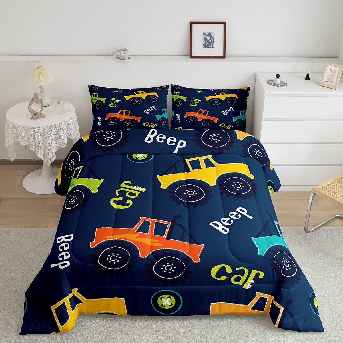 Feelyou Cartoon Car Bedding Set Construction Kids Comforter Set Boys Girls Equipment Trucks Decor Comforter Microfiber Cartoon C
