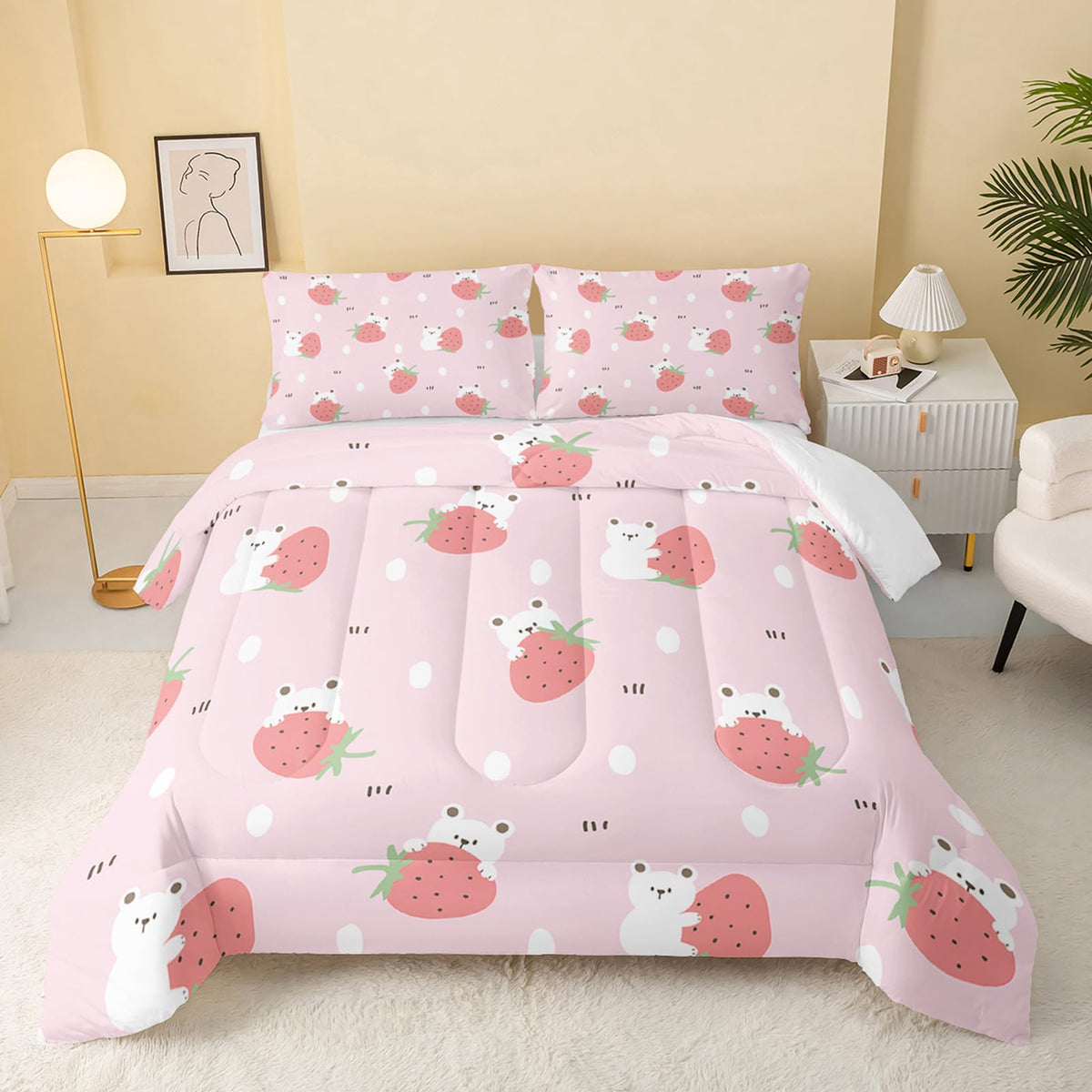 Qoomo Cartoon Bear Comforter Full Size,Pink Strawberry Comforter Set For Kids Teens Girls,3Pcs Bedding Set Printed Comforter Wit