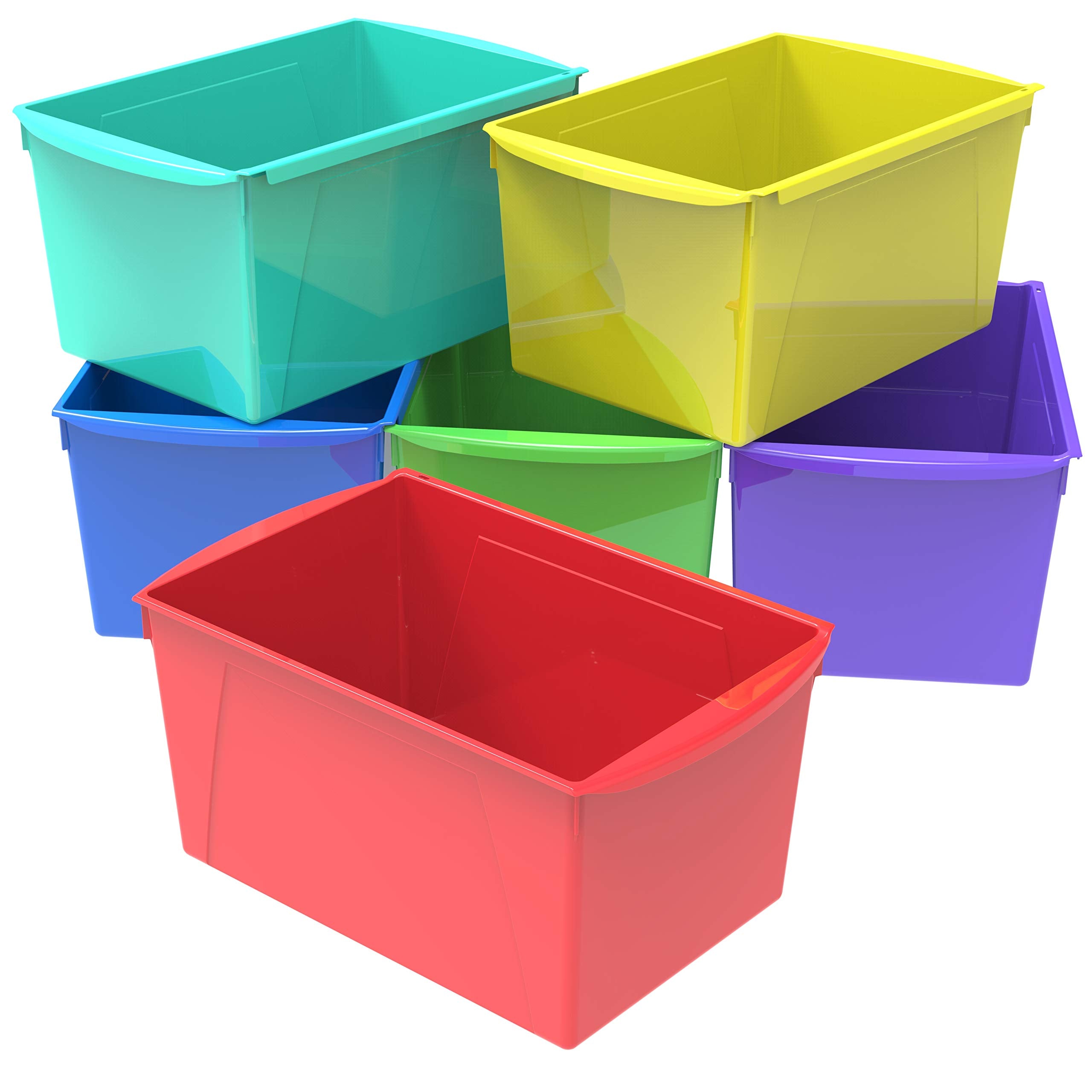 Storex Extra-Large Book Bin, Interlocking Plastic Organizer For Home, Office And Classroom, Assorted Colors, 6-Pack, Pallet Of 3