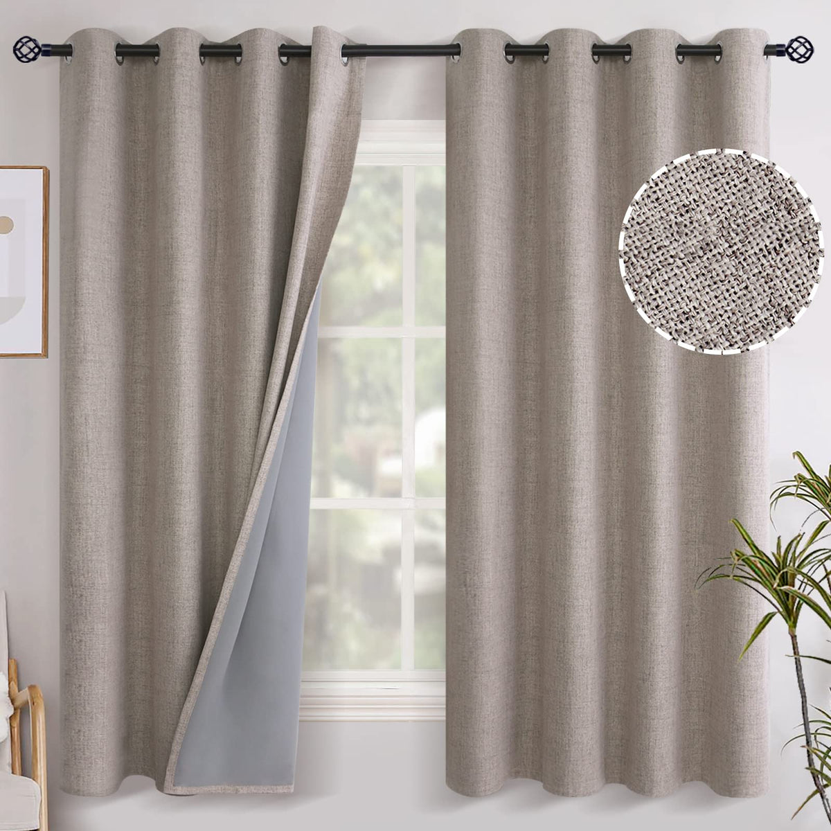Youngstex Burlap Linen Blackout Curtains 63 Inches Length, Full Room Darkening Grommet Linen Textured Drapes For Bedroom Living