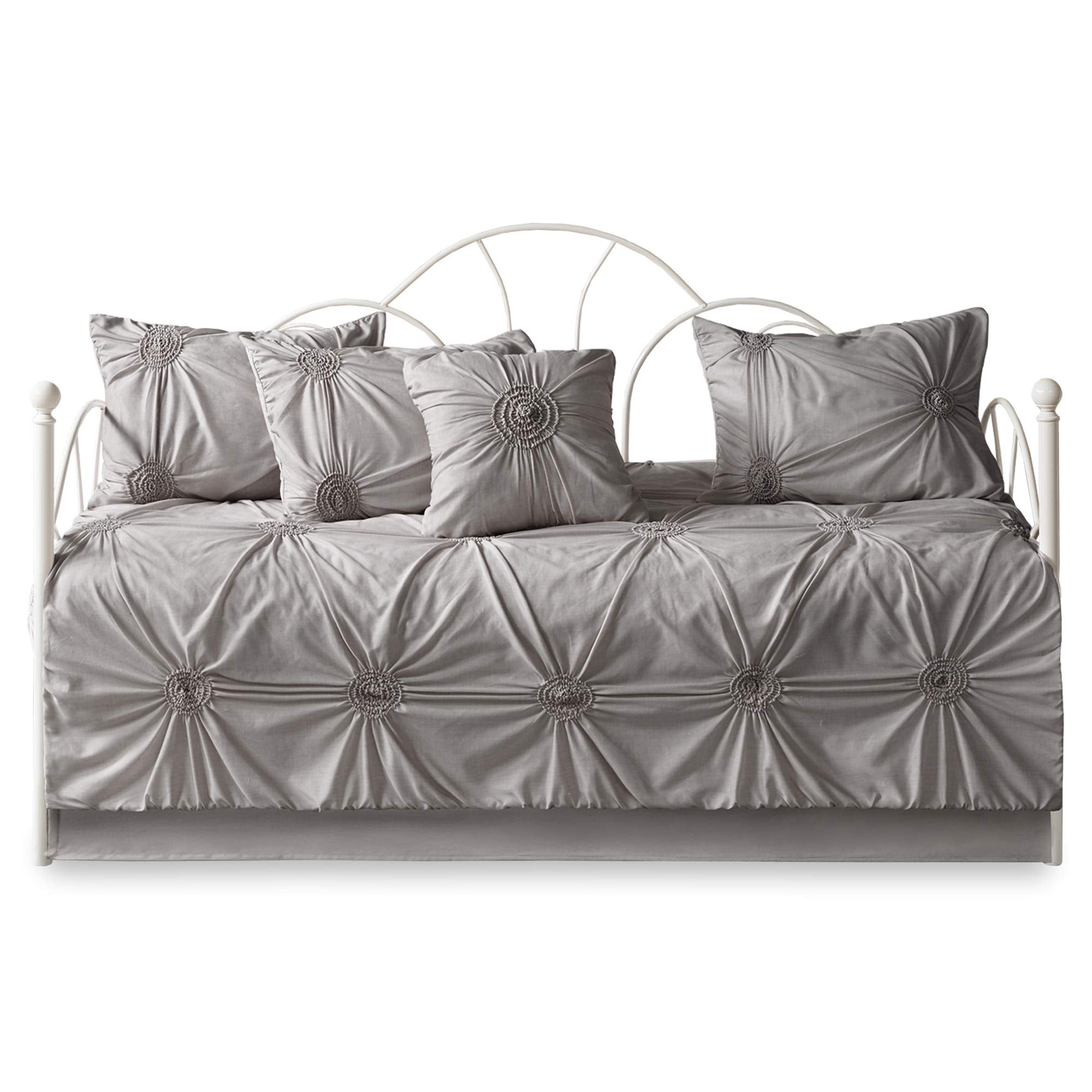 Madison Park Daybed Cover Set-Trendy Design All Season Luxury Bedding With Bedskirt, Matching Shams, Decorative Pillow, Medallion Tufted Dark Grey 75'X39' 6 Piece