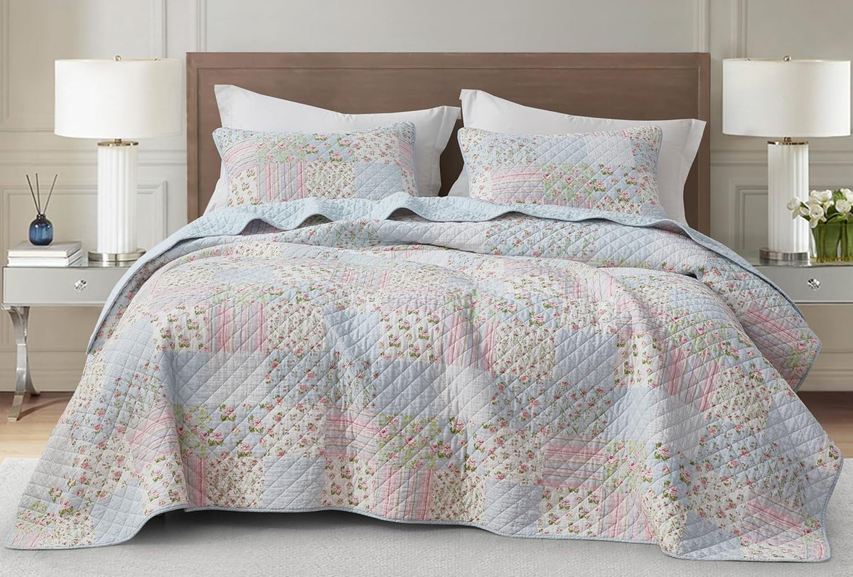 Chezmoi Collection Holly 3-Piece Printed Patchwork Cotton Quilt Set - Flower Floral Candy Stripe Polka Dots - Stone Washed Light