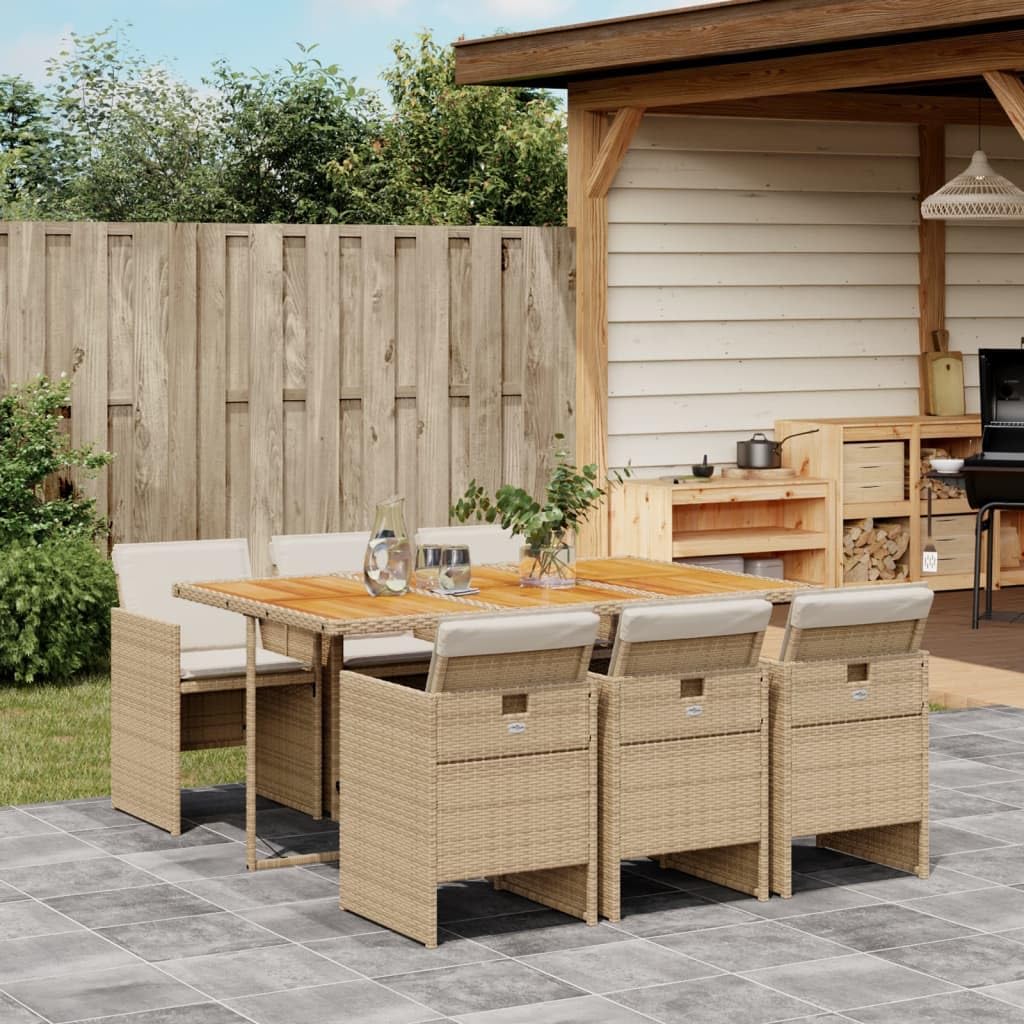 vidaXL Patio Dining Set - 7 Piece Garden Furniture, Cushions Included, Beige PE Rattan & Acacia Wood for Outdoor Patio/Deck/Backyard
