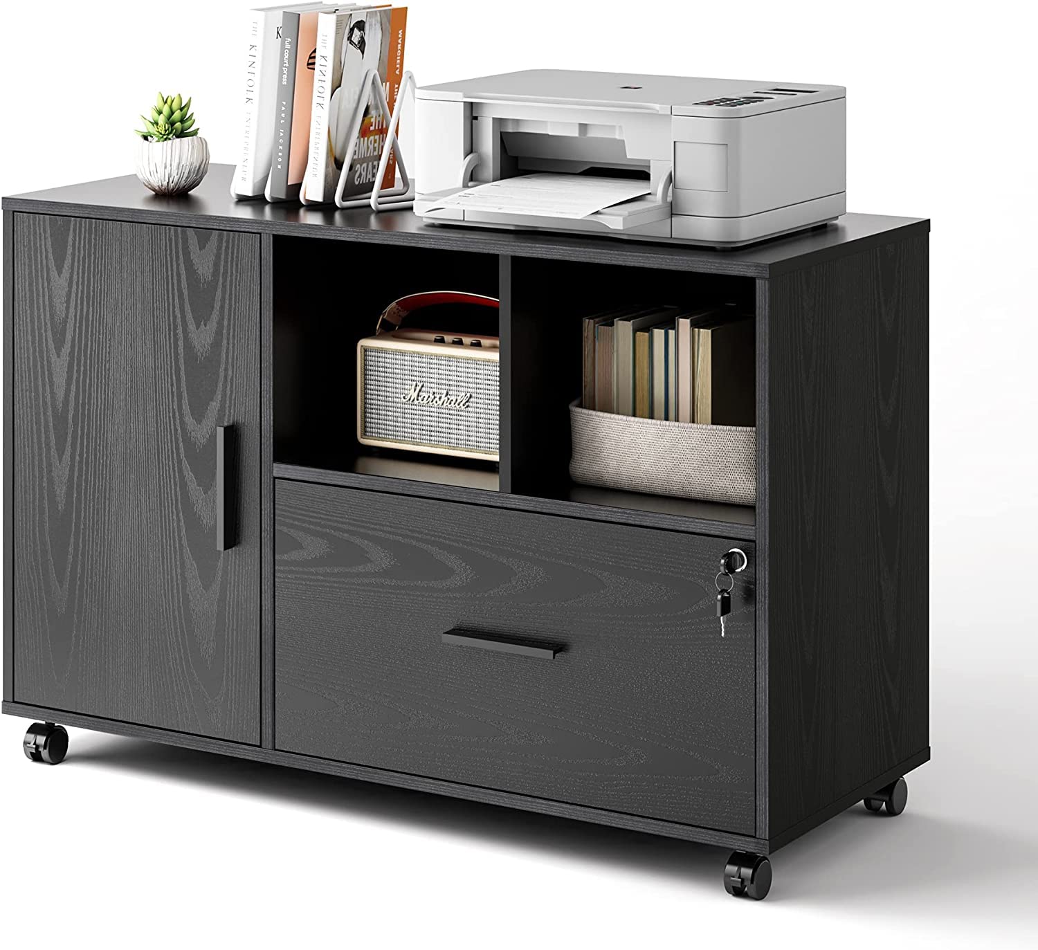 Devaise Office File Cabinet With Lock, 1-Drawer Wood Lateral Filing Cabinet On Wheels, Printer Stand With Open Storage Shelves For Home Office, Black