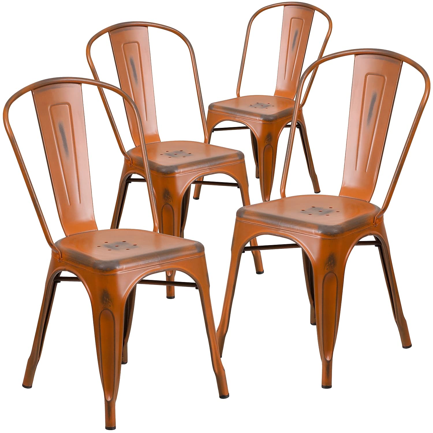 Flash Furniture Blake Commercial Grade 4 Pack Distressed Orange Metal Indoor-Outdoor Stackable Chair