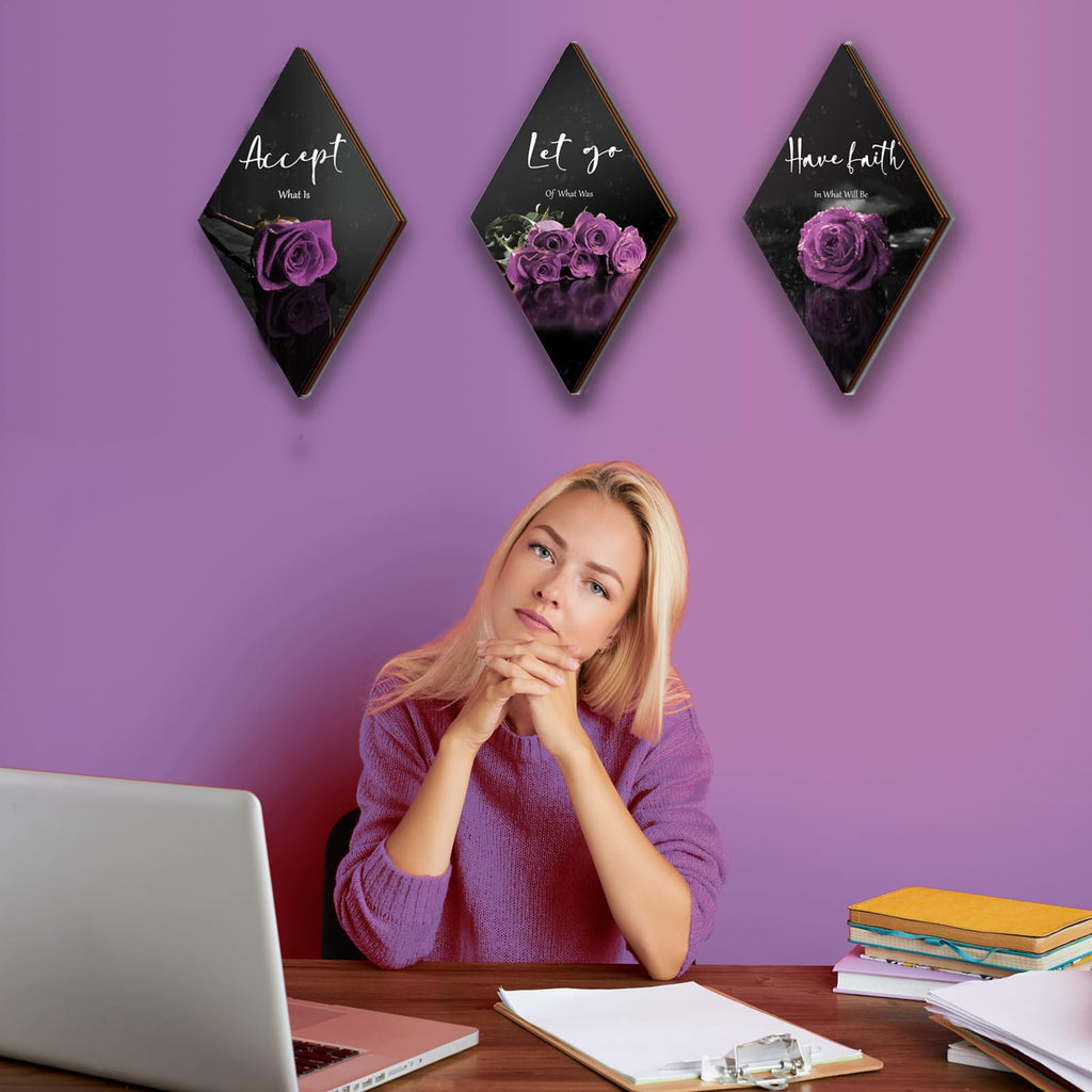 3 Pcs Purple Wall Decor Inspirational Purple Rose Bathroom Decor Wooden Purple Wall Art Office Wall Decor With Accept Let Go Hav
