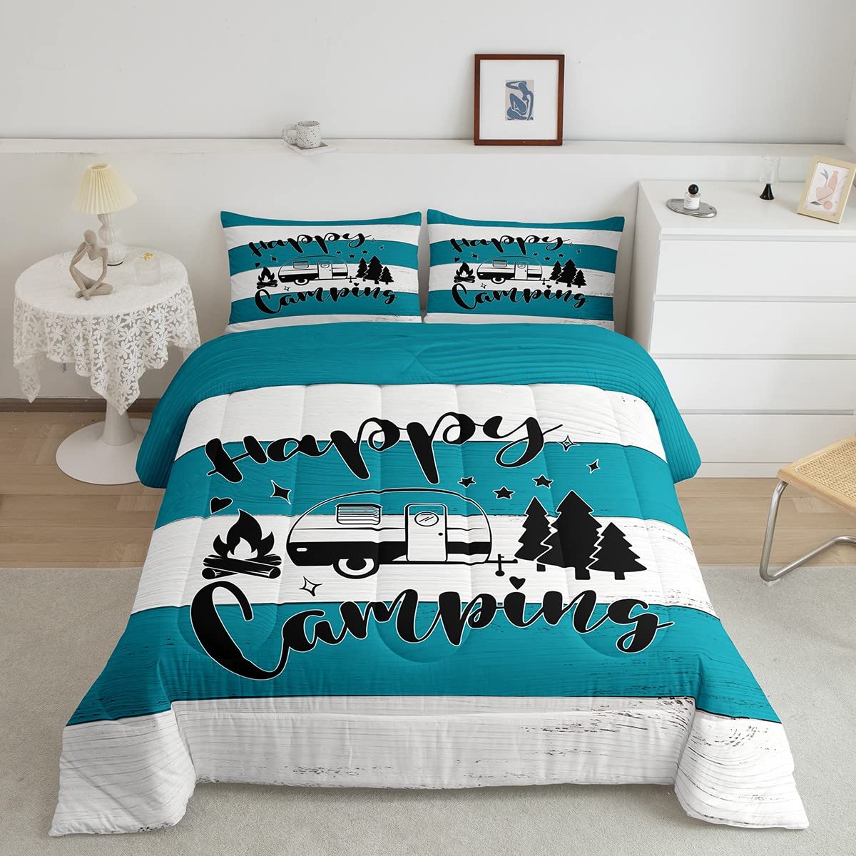 Camping Travel Comforter Set King Size,Rv Trailer Camper Decor Bedding Set 3Pcs For Kids Boys Girls Adults,Old Wooden Board Rust