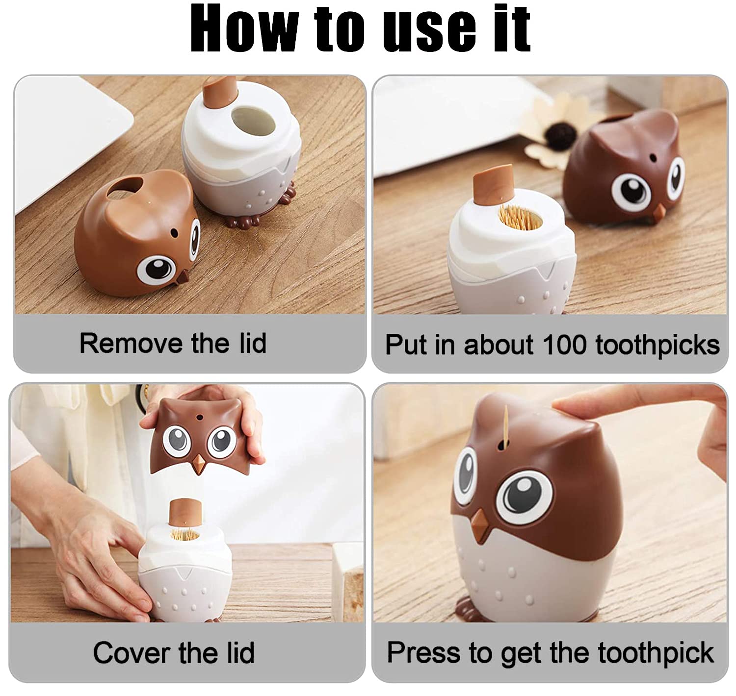 Hyever Pop-Up Toothpick Holder Automatic Toothpick Dispenser Cute Owl Design Toothpick Holder Funny For Table, Restaurant, Kitch