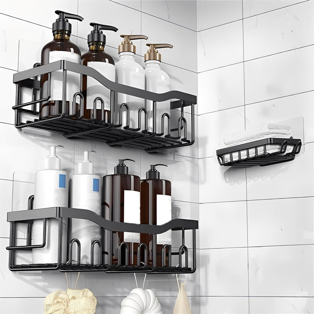 Mk home Stainless Steel Shower 3 in 1 Caddy Wall Mount Bathroom Shelf No Drill Adhesive Storage Rack Multi Tier Organizer for Ki
