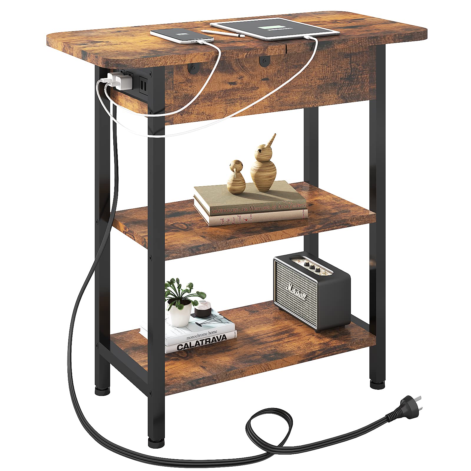 Lidyuk End Table With Charging Station, Flip Top Side Table With Usb Ports And Outlets, Nightstand For Small Spaces, Bedside Tables With Storage Shelf For Living Room, Bedroom, Brown