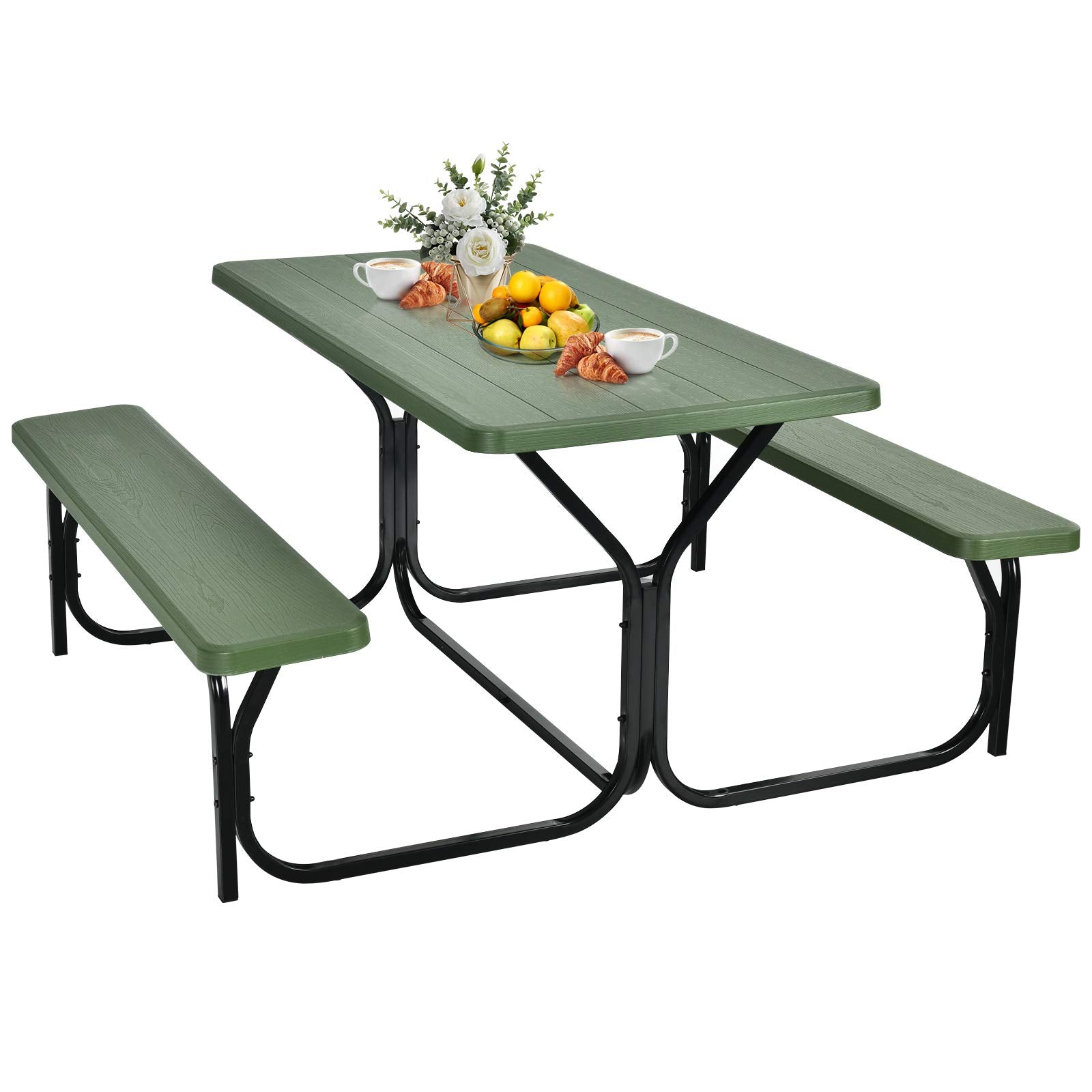 Gymax Picnic Table, Picnic Bench Easy To Assemble W/All Weather Wood Grain Tabletop & Metal Frame, Picnic Tables For Outdoors Camping Backyard Deck Patio Poolside Dining Party