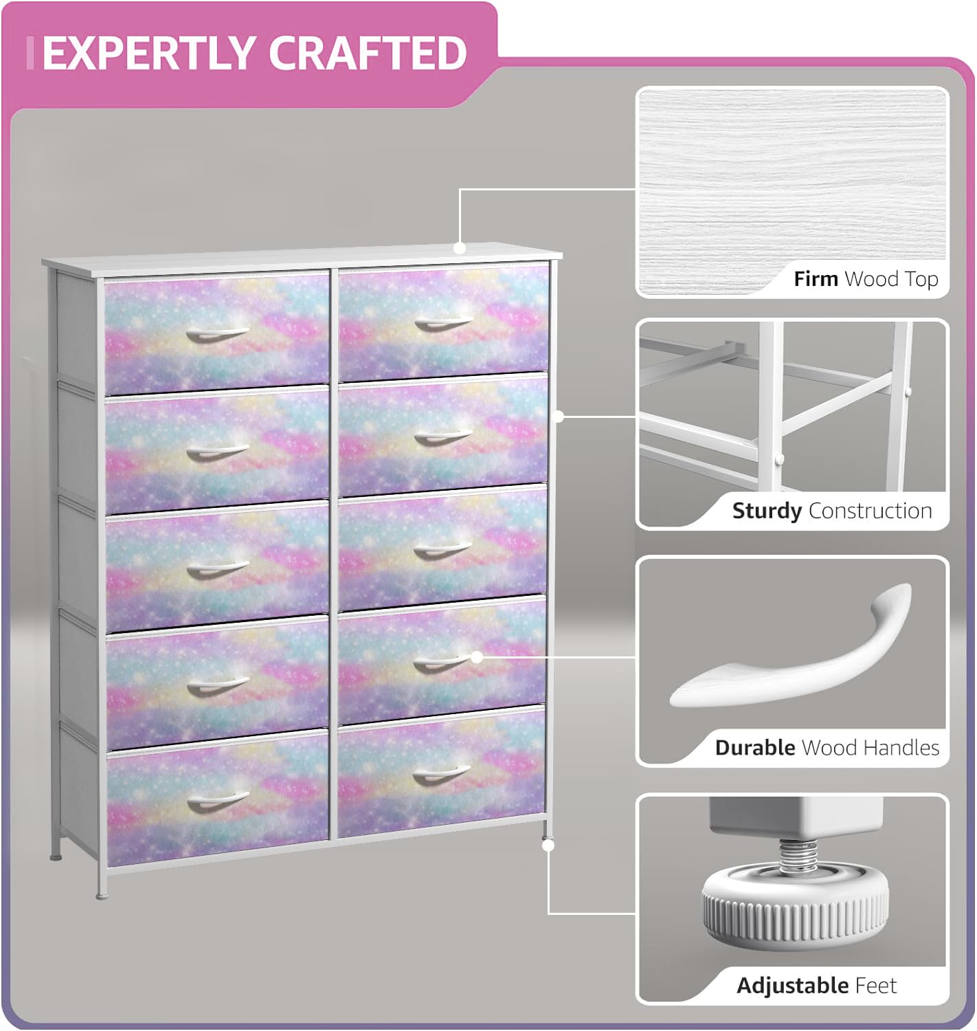 Sorbus Kids Dresser With 10 Drawers - Storage Chest Organizer Unit Nightstand - Steel Frame, Wood Top, Tie-Dye Fabric Bins For Clothes - Wide Furniture For Bedroom, Hallway, Nursery, Closet, Apartment