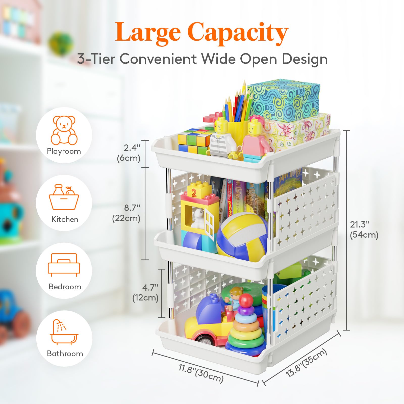 Lifewit Plastic Stackable Storage Baskets, 3 Tier Stacking Bins For Closet Wardrobe, Playroom, Kitchen And Pantry Organization, Large Capacity Multi-Functional Storage Containers Shelves, White