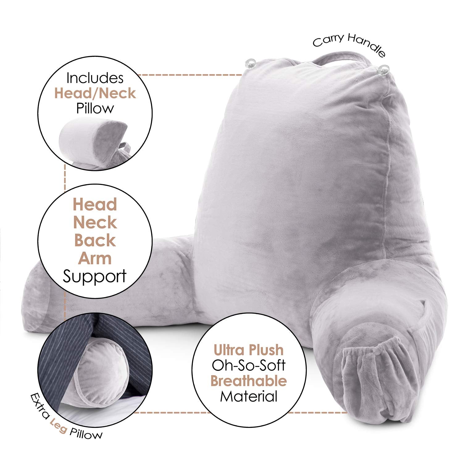 Nestl Reading Pillow Large Bed Pillow, Back Pillow For Sitting In Bed Shredded Memory Foam Chair Pillow, Reading & Bed Rest Pillows Grey Lavender Back Pillow For Bed, Bed Chair Arm Pillow With Pockets