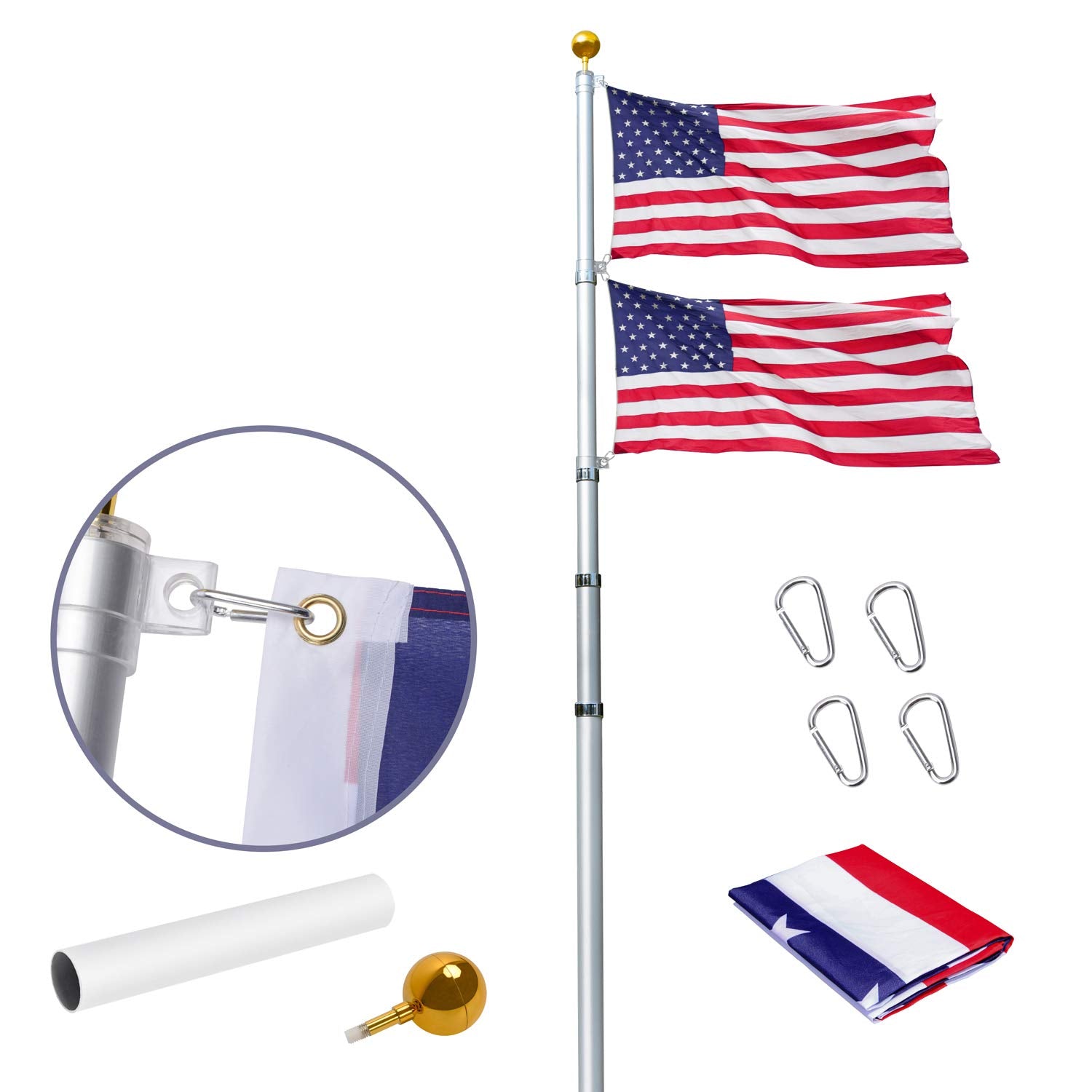 Wevalor 20Ft Telescoping Flag Pole Kit, Heavy Duty 16 Gauge Aluminum Outdoor In Ground Flag Poles With 3X5 Usa Flag, For Residen