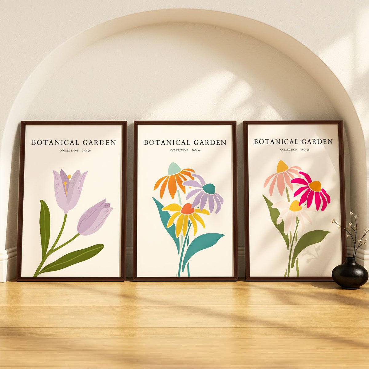 SoulAbiti Botanical Garden Pastel Coneflowers & Tulips set of 3 Framed Wall Print 12x18 inch Dark Brown Frame PlexiGlass Floral