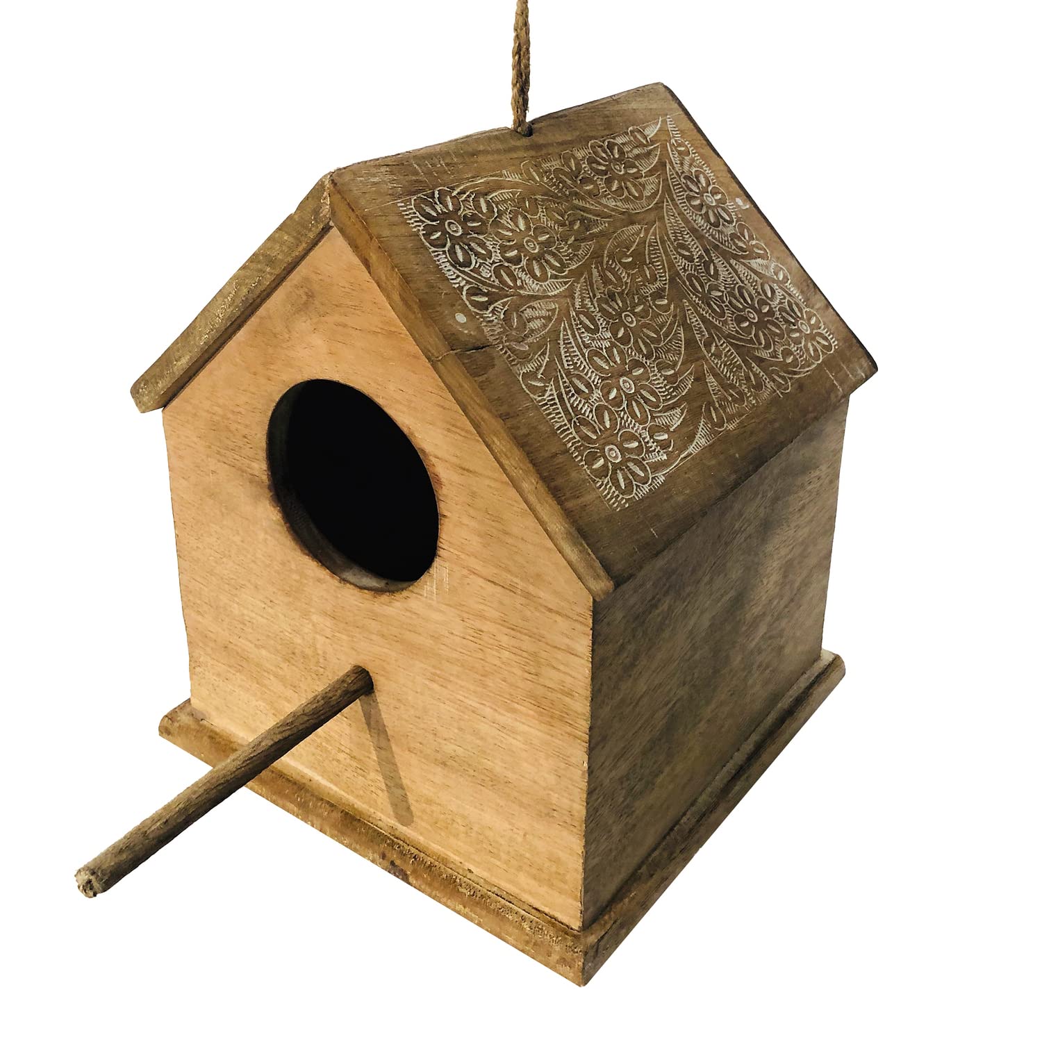 The Urban Port Hut Shape Mango Wood Hanging Bird House with Engraved Details