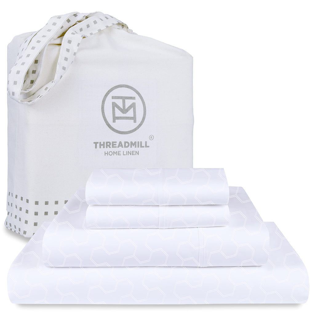 Threadmill 500 Thread Count Full Size 4 Pc Luxury Cotton Sheet Set, Jacquard Floria Hotel White, Silky Smooth Sheets with 16'' E
