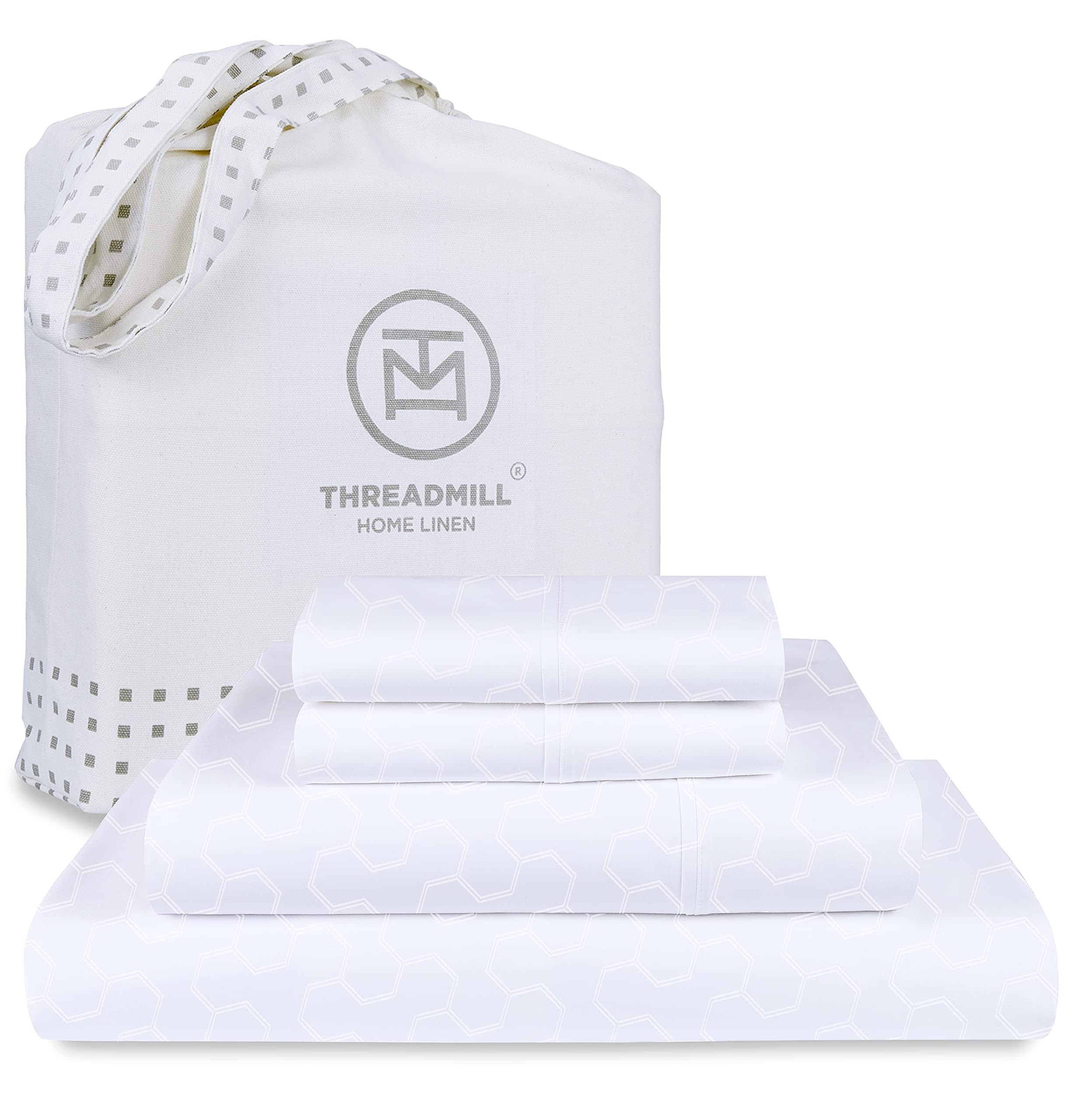Threadmill 500 Thread Count Full Size 4 Pc Luxury Cotton Sheet Set, Jacquard Floria Hotel White, Silky Smooth Sheets with 16'' E