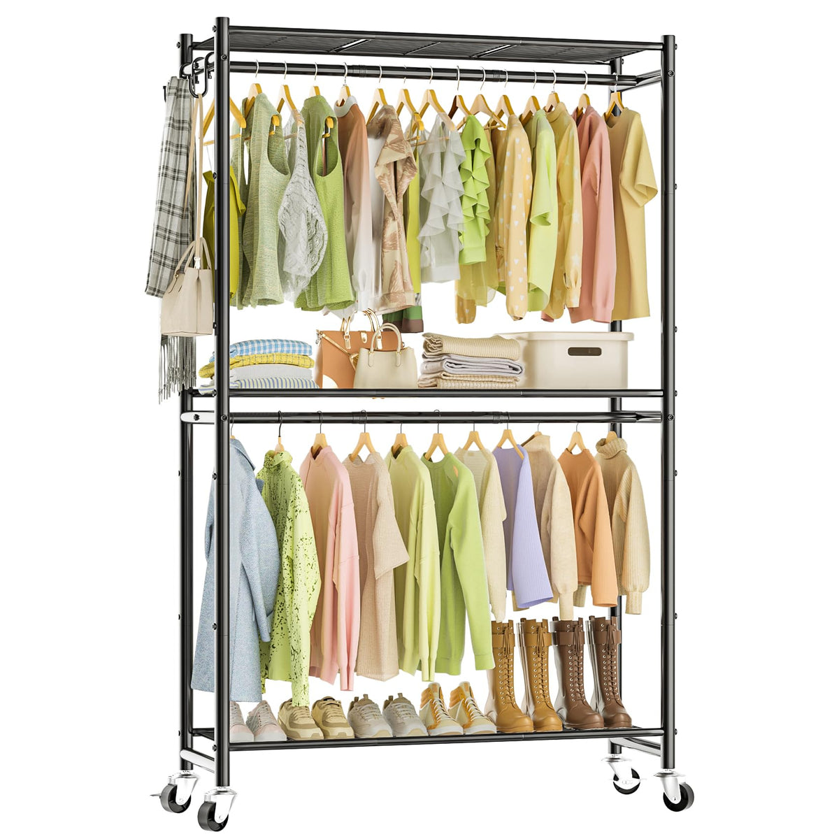 Neatrays Rolling Clothes Rack for Hanging Clothes, 47.2x 11.8x 79 Large Capacity Garment Rack with Double Rods & 3 Wire Shelv