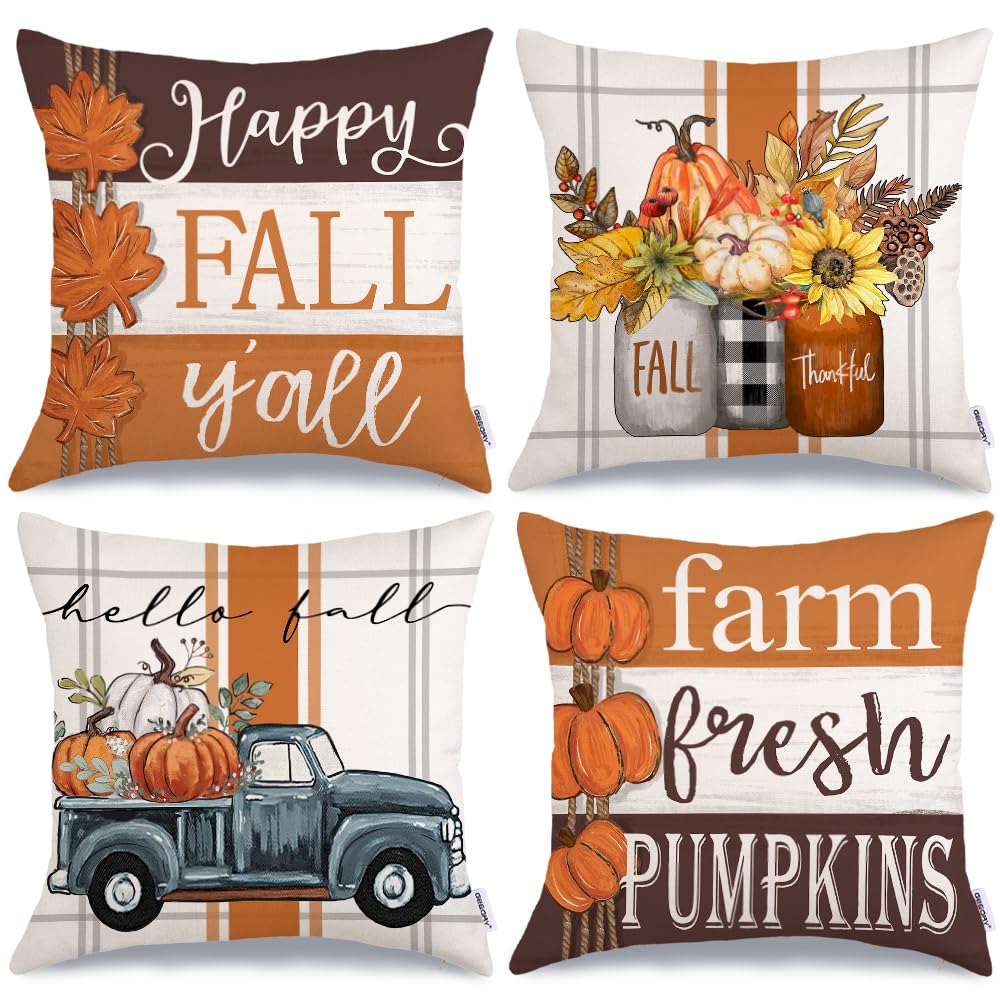 Geeory Fall Pillow Covers 20 X 20 Inch Set Of 4, Happy Fall Y'All Stripes Pumpkins Mason Jar Thankful Decor, Cushion Cases For F