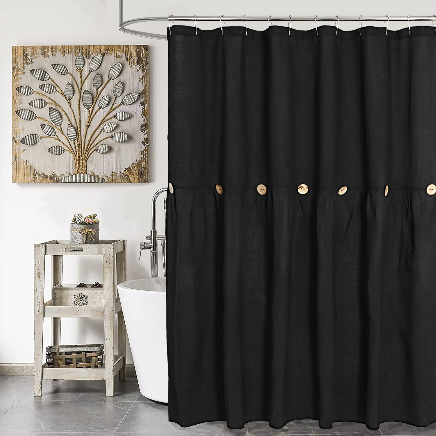 Dosly Id  Es Farmhouse Shower Curtain,Black Cloth Button Curtain,Linen Cotton Woven Fabric,Rustic Country Shabby Chic Style,72X7