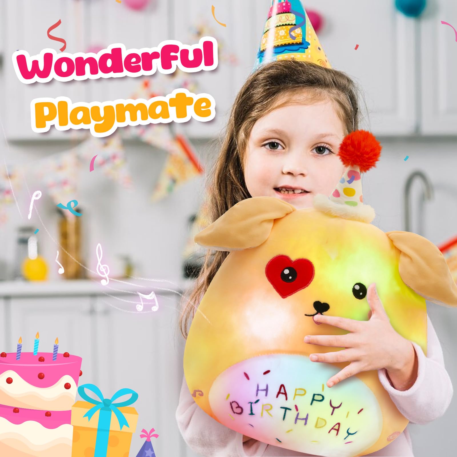 Bstaofy Light Up Music Happy Birthday Puppy Dog Soft Plush Pillow Birthday Stuffed Animal Dog Birthday Gift For Toddler Kids Gir