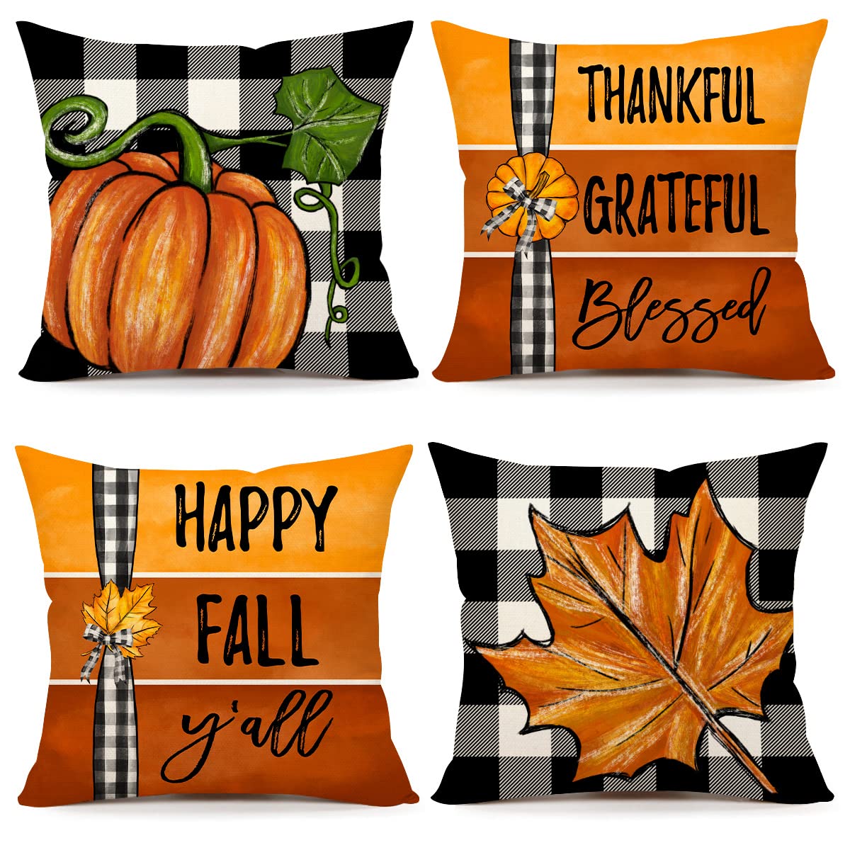 4Th Emotion Fall Decor Pillow Covers 18X18 Set Of 4 Thanksgiving Buffalo Check Pumpkin Farmhouse Decorations Happy Fall Y'All Ou