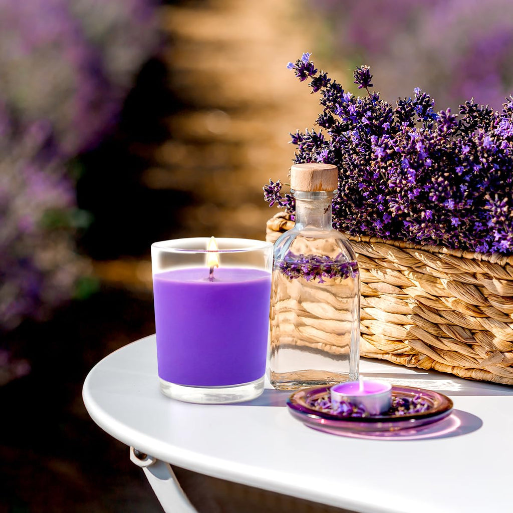 Set Of 4 Purple Votive Candles, Clear Glass Filled Soy Wax Lavender Scented Candles For Home Spa Stress Relax And Diy