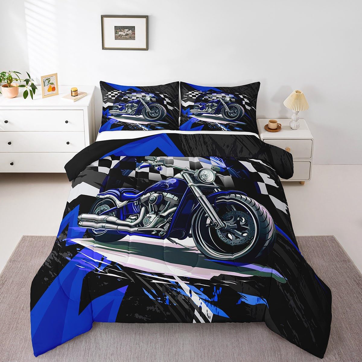 Feelyou Kids Blue Dirt Bike Comforter Set Twin Size, Racing Motocross Comforter Motorcycle Bedding Set Boys Girls Motorbike Teen