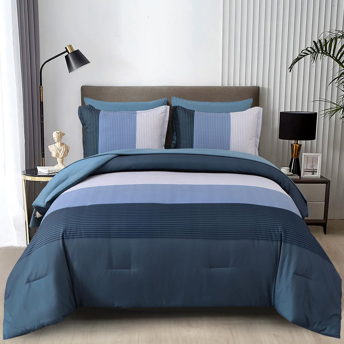 Wongs Bedding Navy Blue Comforter Set Queen, Reversible Striped Patchwork Down Alternative Comforter,3 Pieces (1 Comforter+2 Pil