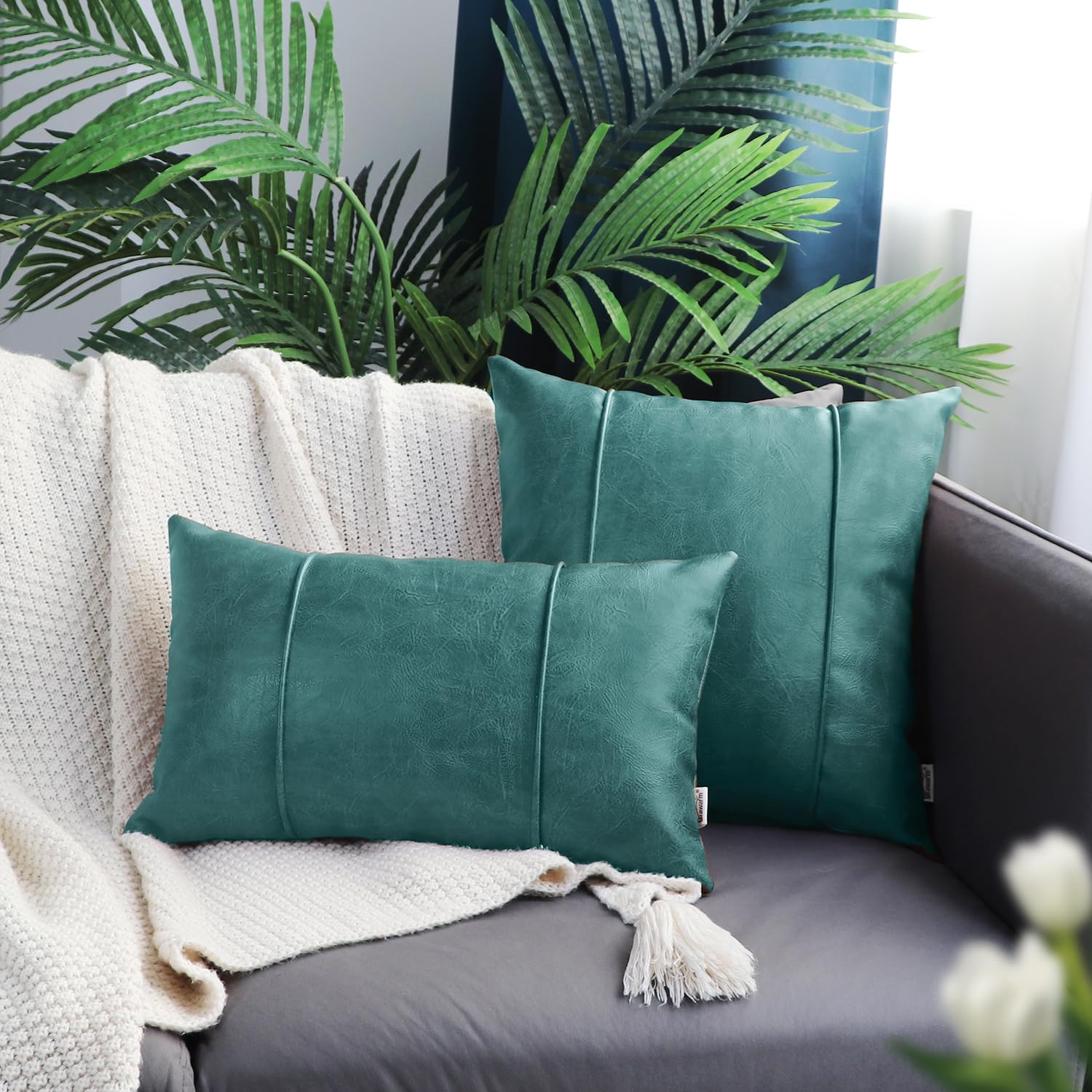 Brawarm Teal Leather Throw Pillow Covers 22 X 22 Inches - Faux Leather Pillow Cover With Piping, Hand Stitched Leather Throw Pil