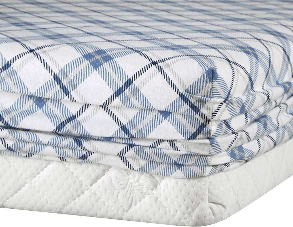 Comfort Spaces Cotton Flannel Breathable Warm Deep Pocket Sheets With Pillow Case Bedding, King, Blue Plaid 4 Piece
