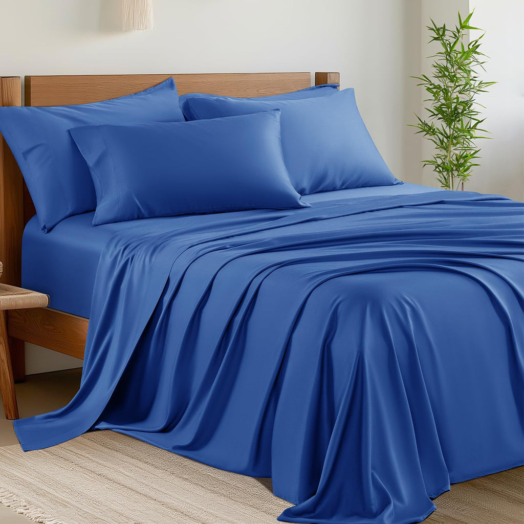 Shilucheng 6 Piece King Sheet Sets, Cooling Sheets, Blend Rayon Derived From Bamboo, Deep Pocket Up To 16', Breathable & Soft Bed Sheets, Hotel Silky Bedding Set, Navy Blue