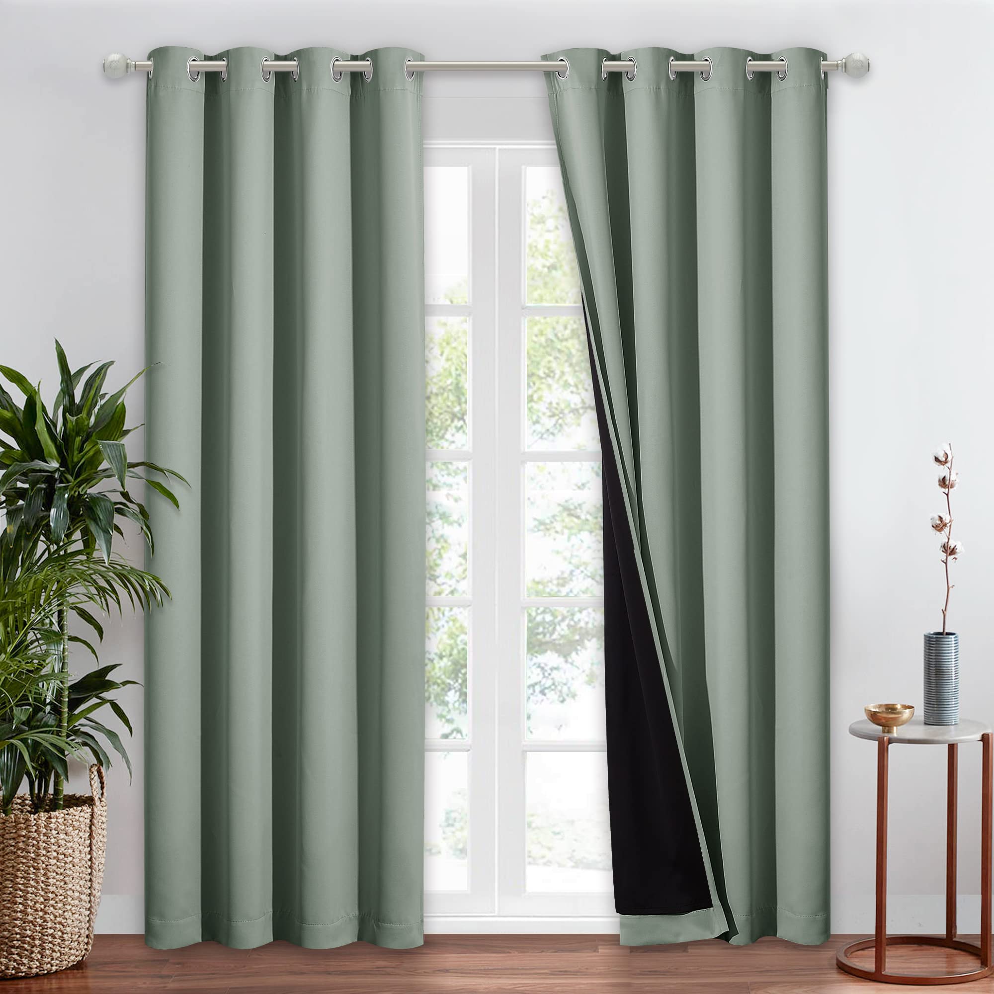 Nicetown Greyish Green 100% Blackout Window Curtain Panel, Cold And Full Light Blocking Drape With Black Liner For Nursery, 84 I